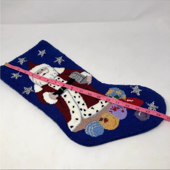 Vintage Punch Needle Christmas Stocking Santa Claus Silver Stars Blue Back 18” - Picture 4 of 5